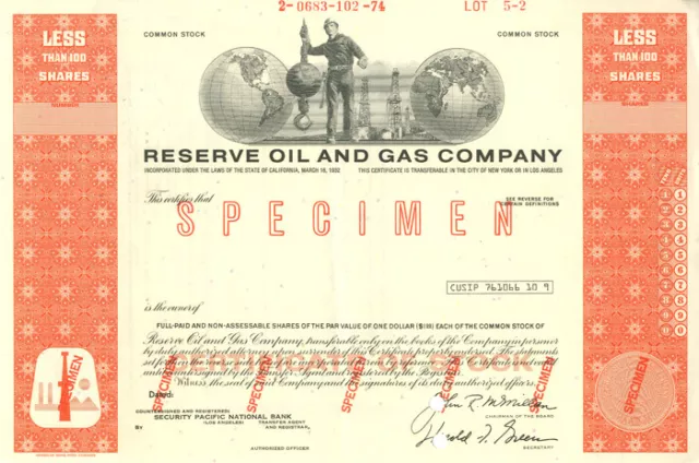 Reserve Oil and Gas Co. - Specimen Stocks & Bonds