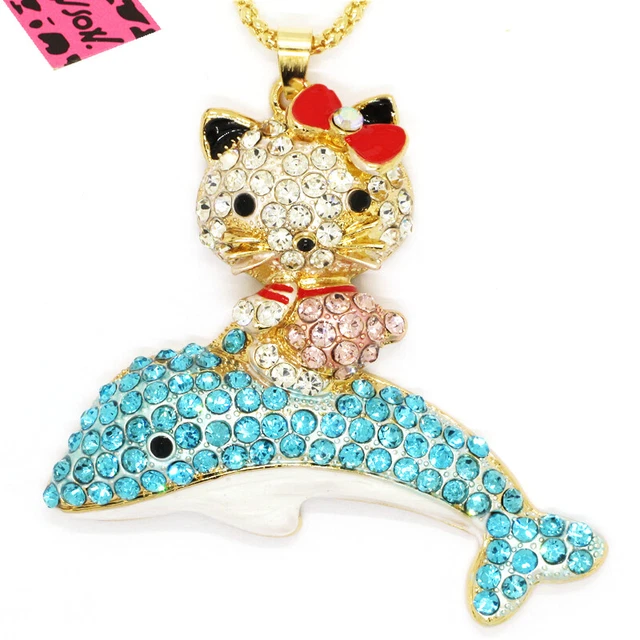 New Betsey Johnson Cute Bow Blue Cat Dolphin Crystal Pendant Chain Necklace
