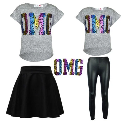 Ragazze " Omg " Lucido Lamina Top Corto Stampa & Nero Bagnato Look PVC Legging