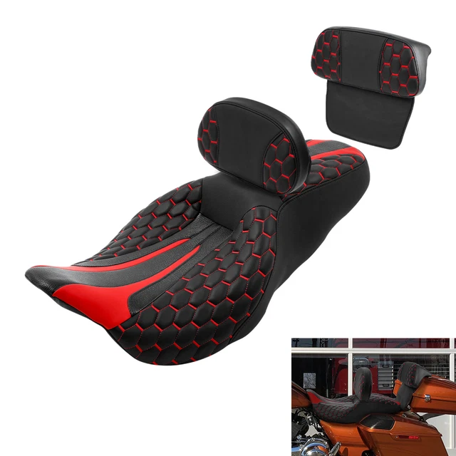 Black Red Driver Passenger Seat & Backrest Pad Fit For Harley Touring 2014-2023