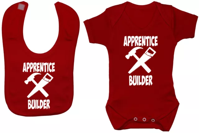Apprentice Builder Babygrow Romper Vest & Feeding Bib 0-24m Boy Girl Gift