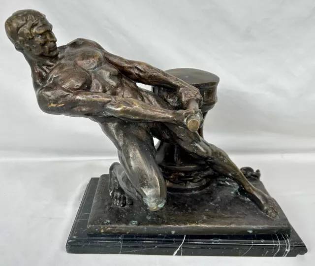 RARE HENRI BARGAS ART DECO BRONZE SCULPTURE 14"x7"x13" - "Man Turning a Capstan"