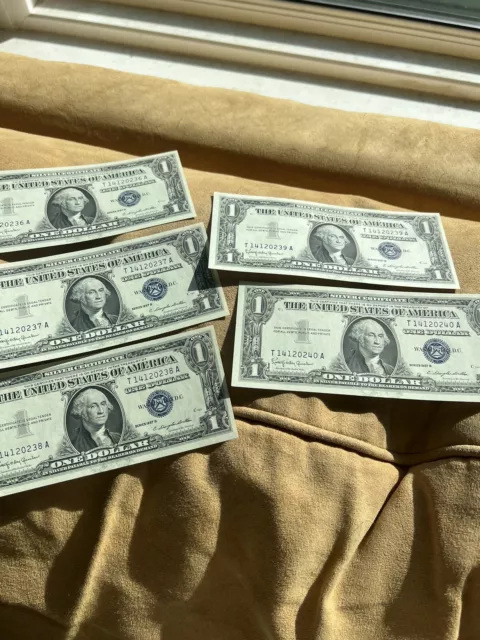 5 Consecutive- 1957 B $1 Silver Certificates - Fr. 1621 - GEM  NEW Choice