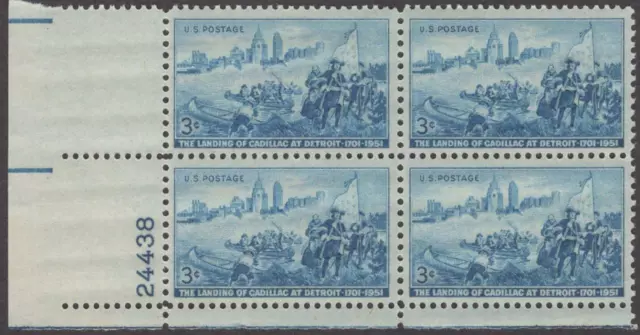 Scott # 1000 - US  Plate Block Of 4 - Landing Of Cadillac - MNH - 1951