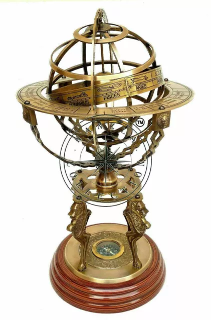 Brújula de astrolabio vintage antigua armilar grabada con esfera de latón...