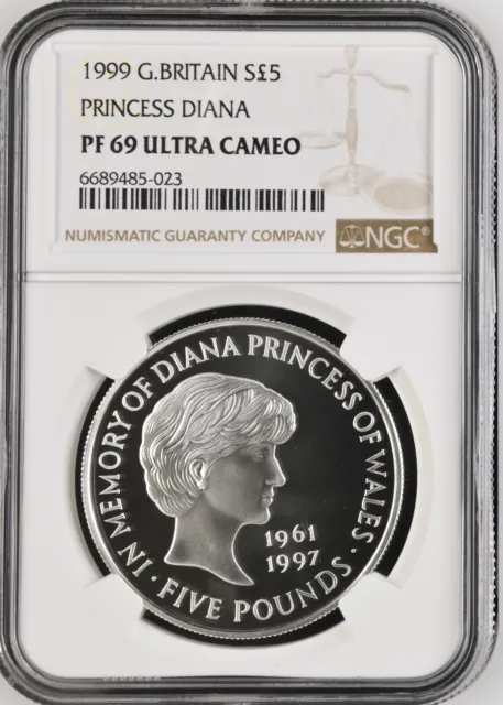 1999 Great Britain Silver Five Pounds Princess Diana - Ngc Pf 69 Ultra Cameo