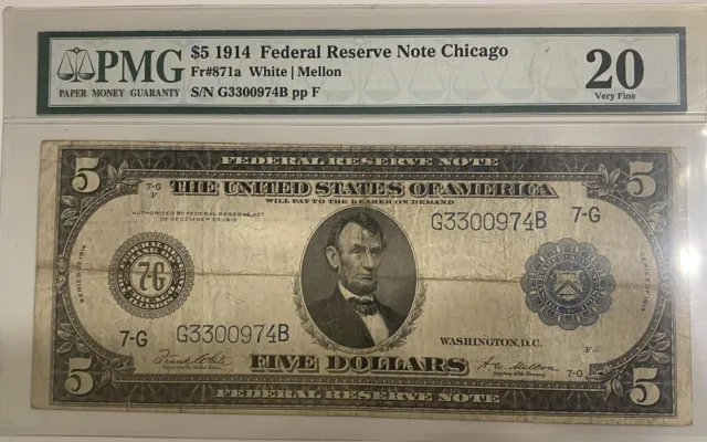 1914 $5 Fr.871a PMG Very Fine-20 Federal Reserve Note. White | Mellon