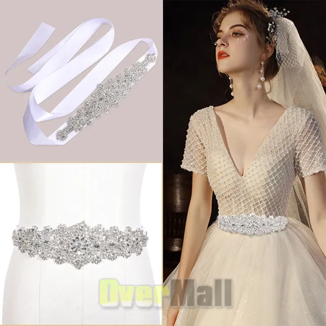 Ivory White Ribbon Sash Bridal Wedding Dress Rhinestone Beaded Crystal Sash Belt