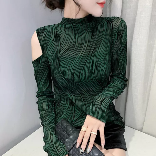 Women Off Shoulder Mock High Neck Glitter Slim Party Cocktail Tops Shirts Blouse