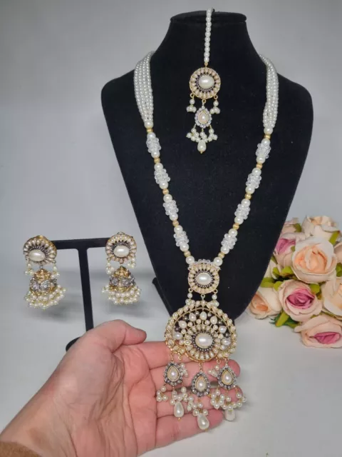Indian Pakistani  Gold And Pearl Mala Set With Real Stones