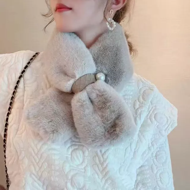 Women's Pearl Fluffy Scarves Soft Warm Ladies Faux Fur Shawl Collar Snood Scarf