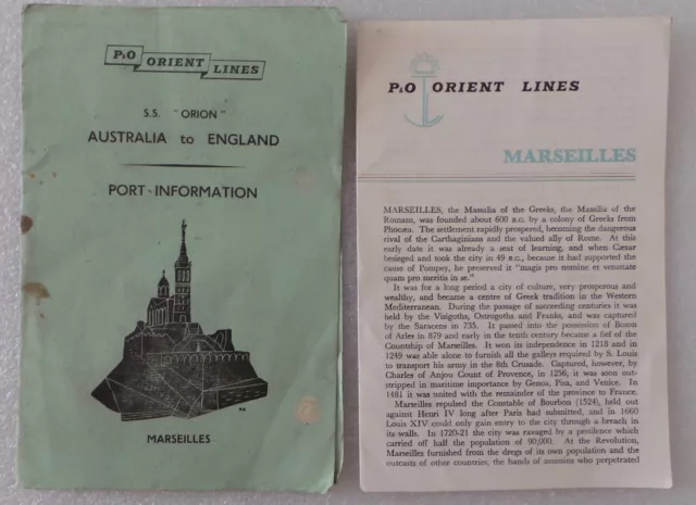 Vintage 1962 P&O Orient Line Ss Orion - Australia To England - Marseilles Port