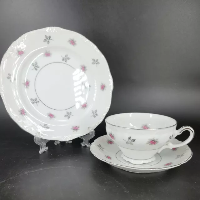 Vintage Tea Set Rosette Japan 3 pc Fine Bone China White Silver Trim Pink Flower