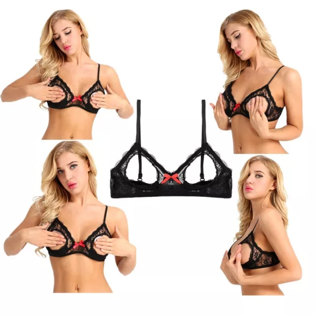 WOMEN BLACK LACE Bra Tops Push Up Triangle Cup Lingerie Open Bust