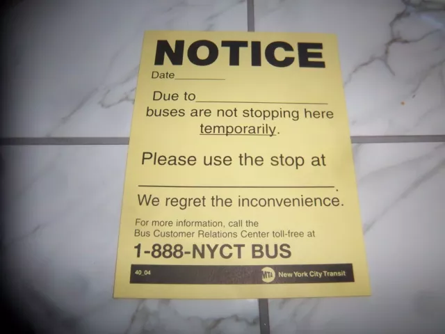 New York Ny Transit Nyc Bus Sign Notice Temporarily No Stopping Bus Stop Paper