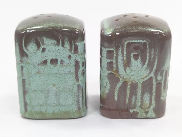 Frankoma Pottery Mayan Aztec Prairie Green Salt & Pepper Shakers 7HS 2 1/2" 2