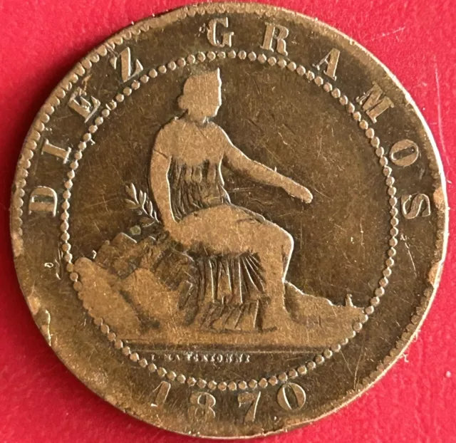 Spain - 10 Centimos Bronze Coin - 1870 (GY53)