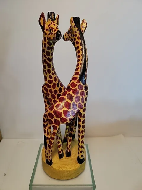 Two Wooden Hand Carved & Painted Giraffe Figures Sculptures
