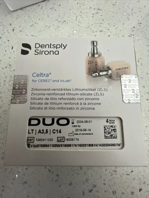New dentsply sirona Celtra Duo blocks for cerec LT A3.5 C14 4 Pack