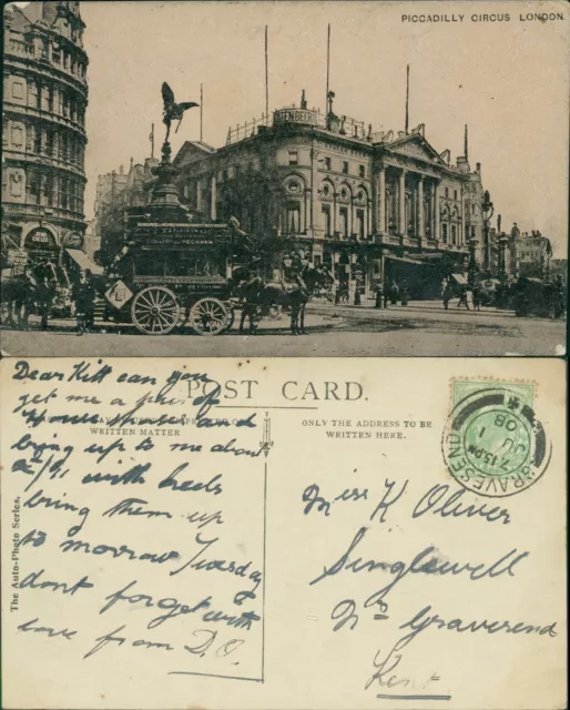 London Piccadilly Circus 1908 Gravesend SOTN Cancel Auto Photo