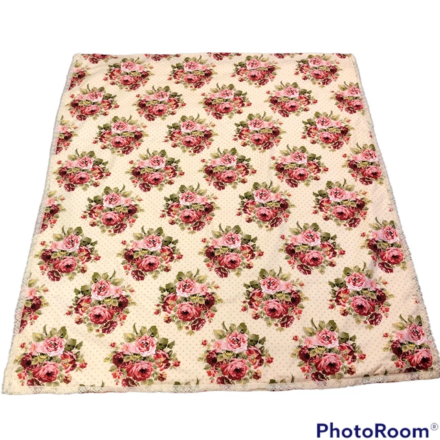 Pink Roses Floral Baby Girl Blanket Ivory Lace Trim Green Dots Cottage Core