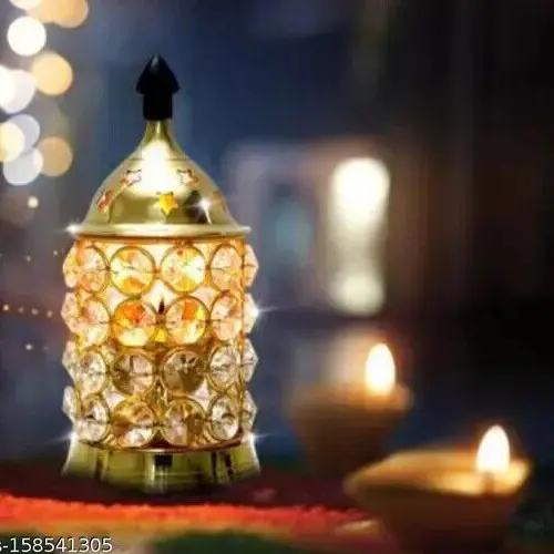 Christmas Gift 4" Akhand Diya Decorative Brass Crystal Oil Lamp Tea Light Holder