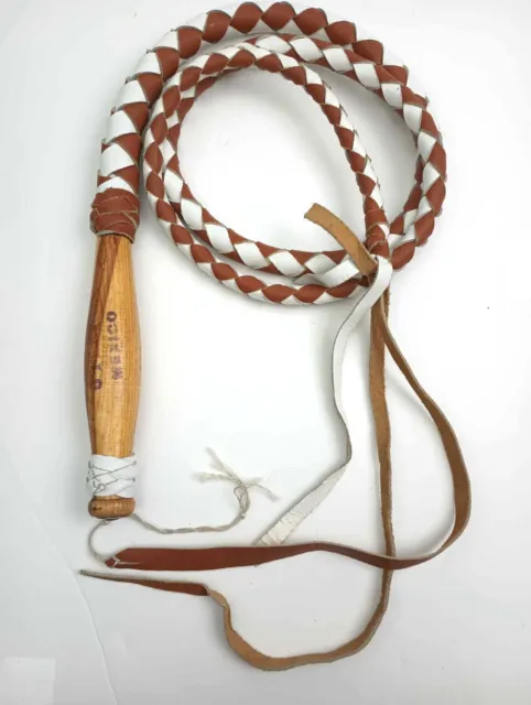 Genuine Leather Handmade Mexico Whip Wooden Handle 6 feet Brown and white