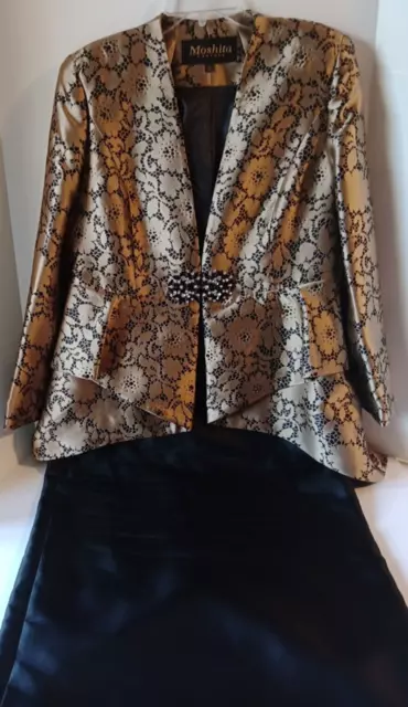 Moschita Couture Tan Black Floral Lace Print Embellished + Brooch 2pc Suit 12