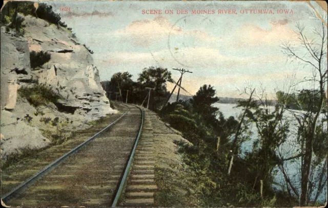 Ottumwa Iowa IA ~ Scene on Des Moines River ~ railroad tracks ~ mailed 1907