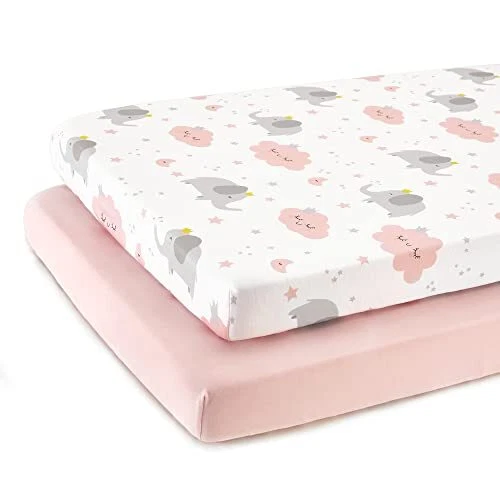 2 Pack Mini Crib Fitted Sheets, Stretchy Soft Jersey Knit Portable Mini Pack