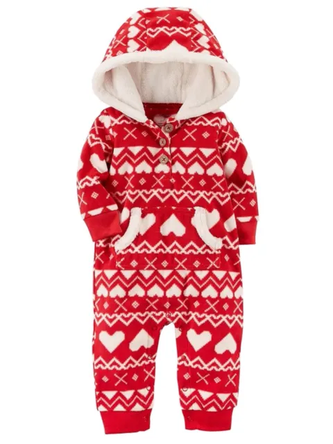 Carter Infant Girls Red Nordic Hearts Hooded Fleece Jumpsuit Coverall Outfit