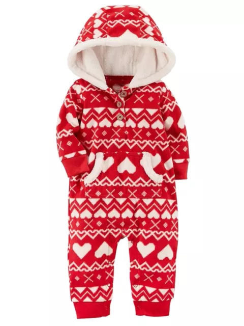 Carter Infant Girls Red Nordic Hearts Hooded Fleece Jumpsuit Coverall Outfit