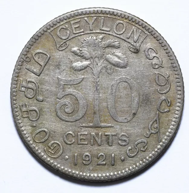 1921, Ceylon, 50 Cent, George V, Silver, nF, KM# 109a, Lot [1194]