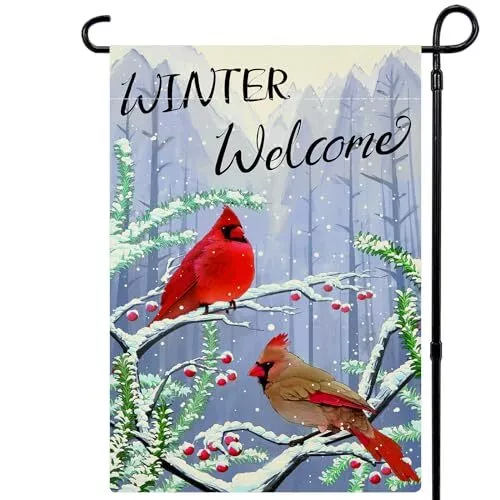 Winter Garden Flag 12x18 Inch Double Sided Welcome Winter Cardinal Birds Smal...