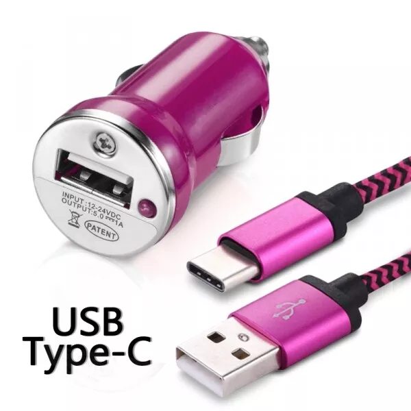 Chargeur Voiture Câble USB Type C Rose Fushia pour Xiaomi Redmi Note 7