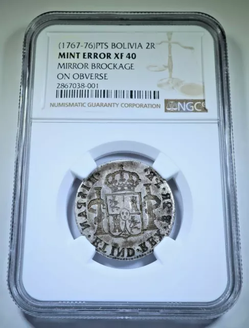NGC XF-40 1700's Mirror Brockage Mint Error Spanish Bolivia Silver 2 Reales Coin