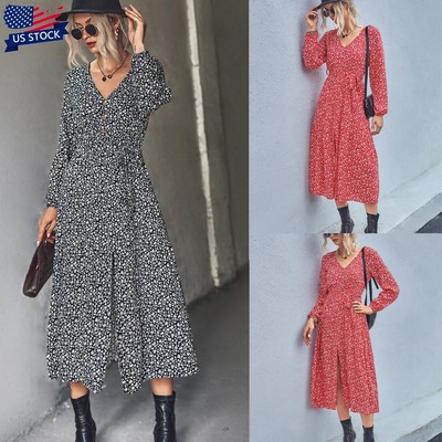 Womens Long Sleeve Floral Maxi Dress Ladies V Neck Party Holiday Long Dresses