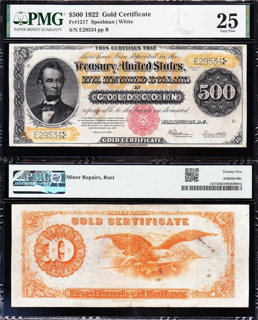 VERY NICE *RARE* Bold & Crisp VF 1922 $500 GOLD CERTIFICATE! PMG 25! FREE SHIP!