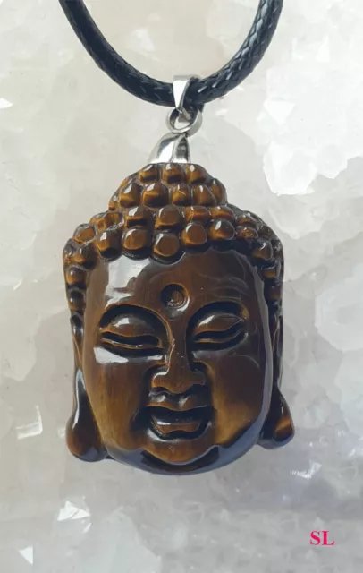 Collier Pendentif Tête Bouddha en pierre oeil de tigre Méditation -Zen Litho