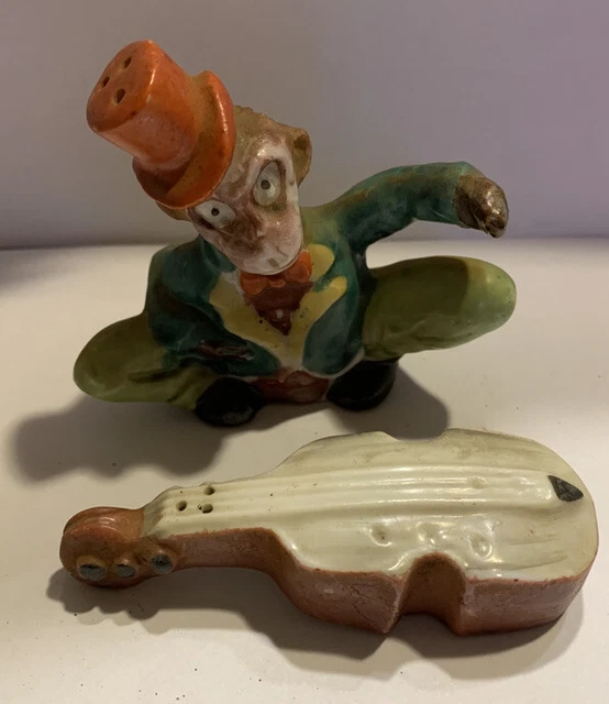 VINTAGE BISQUE MONKEY Playing Cello Instrument Salt and Pepper Shakers