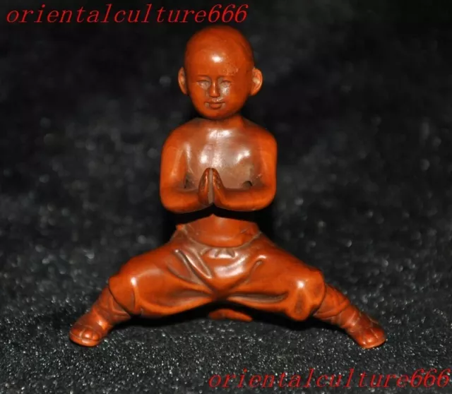 2.8"Chinese Buddhism boxwood wood carven Feng shui child monk Buddha statue
