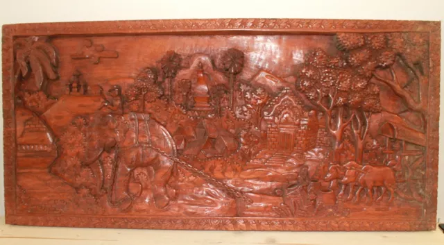 Vintage Asian hand carving wood wall hanging plaque rural landscape elephant