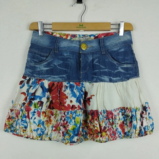 Gonna DESIGUAL taglia 38 Donna Floreale Denim Woman Skirt Jeans Casual Logo