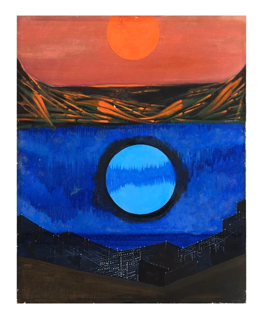 Opera Pittore CESARE PEVERELLI Dipinto Olio su Tela 100x80 1970 Tema a due tempi