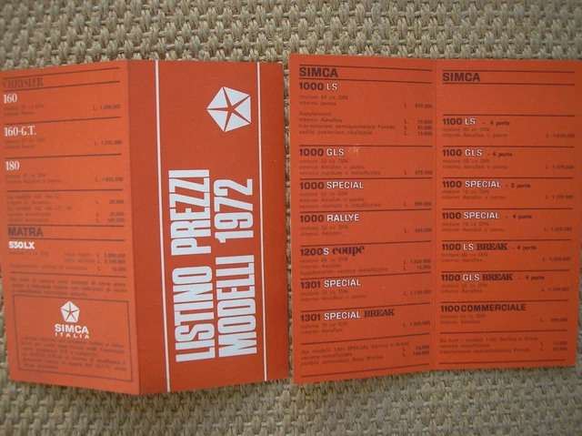 Simca Listino Prezzi 1972 Price List Italiano Matra Chrysler