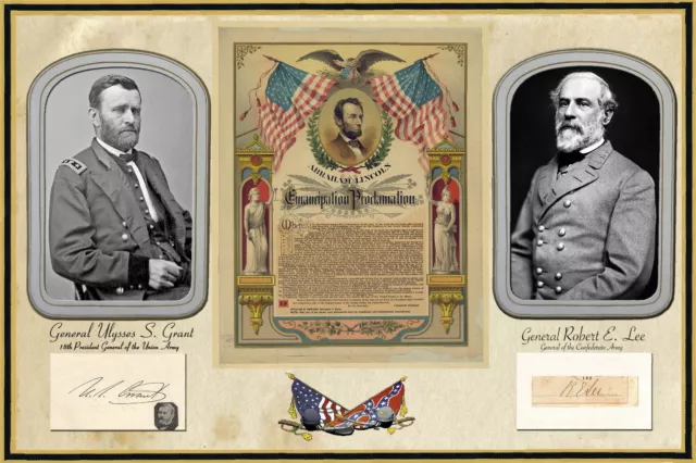 Civil War Poster 2 Autographed photos Grant & Lee with Emancipation Proclamation