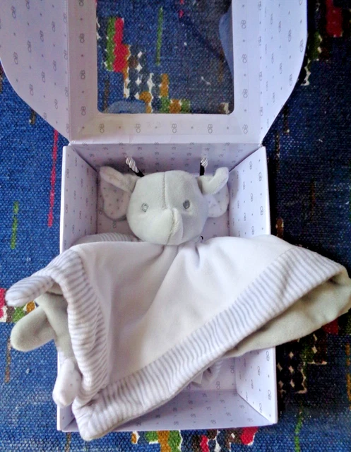 Cn/ Doudou Plat Obaibi Elephant Gris Blanc Raye  Neuf