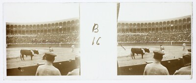Corrida de Toros 1909 Espagne Photo Stereo PL58L23n35 Plaque verre Vintage 