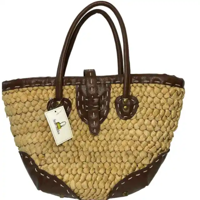 NWT Straw Studios Vegan Women's Brown Leather Straw Double Handles Tote Bag