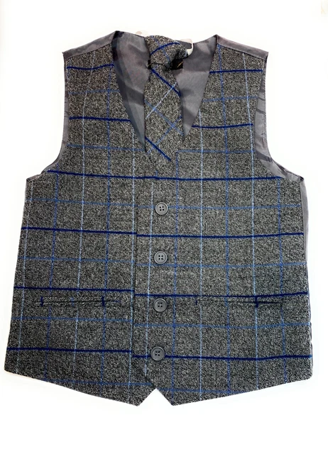 Boys 2 Piece Waistcoat Set & Grey Blue Check Wedding Page Boy Party Prom Formal